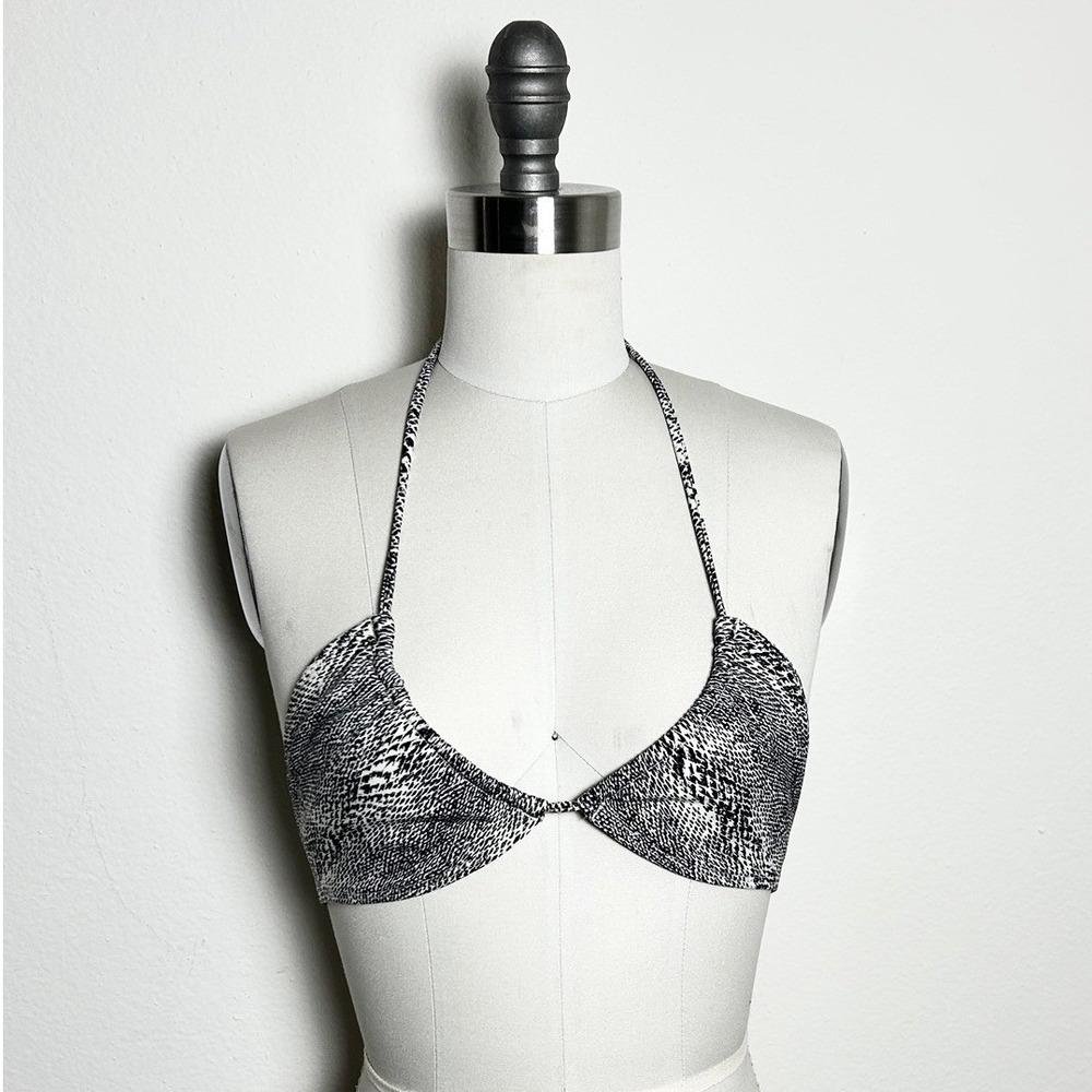 Vintage‎ Y2K Pakaloha Snake Print Halter Bikini Top Size L Black White Brazilian